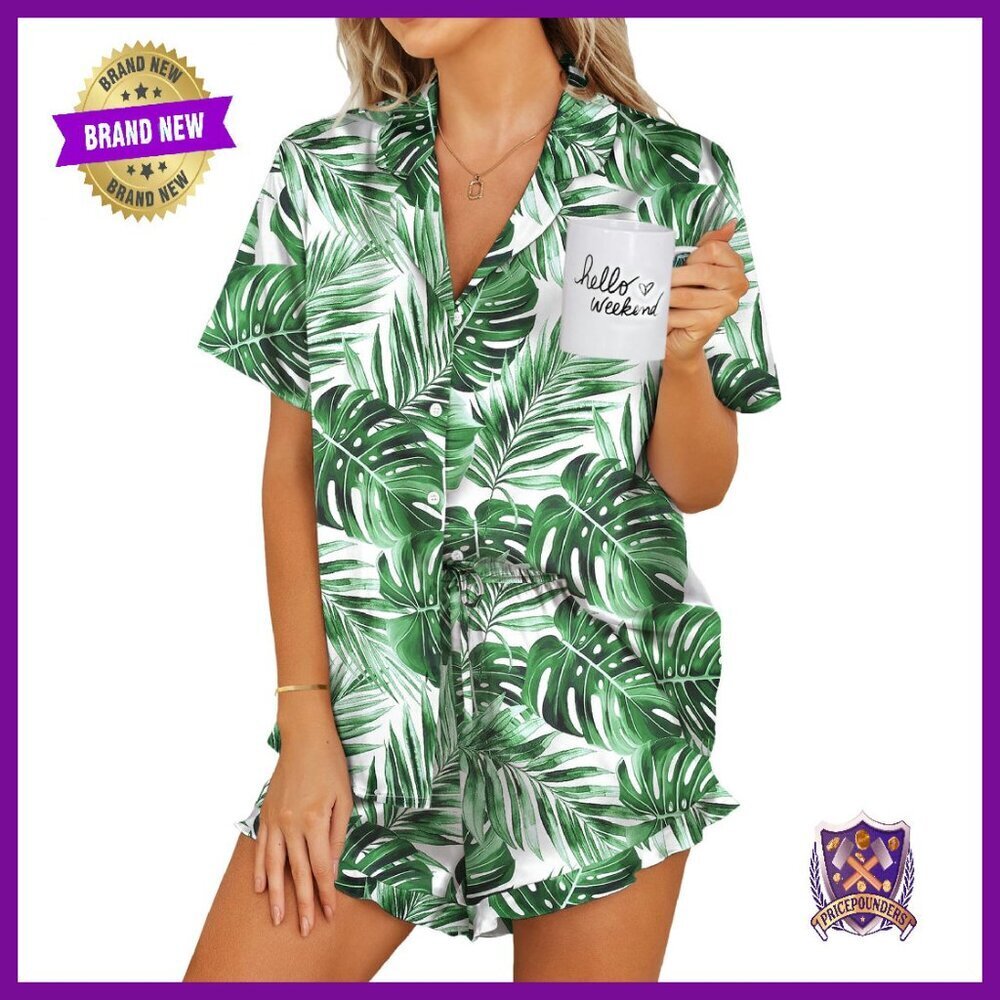 Women's Satin Pajama Set Button Down Shorts Sleepwear Lounge - Picture 1 of 8